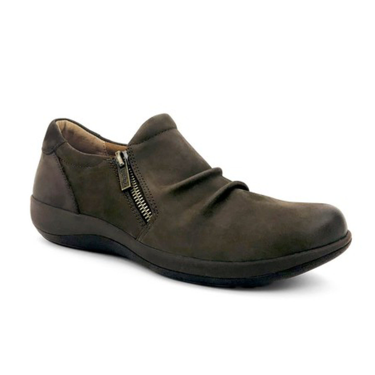 Aetrex Katie Women’s Side Zip Slip-On in Dark Earth faux leather with a sleek design, featuring side zipper, hook-and-loop adjustability, cushioned sole, and built-in arch support. Style #DM552WM