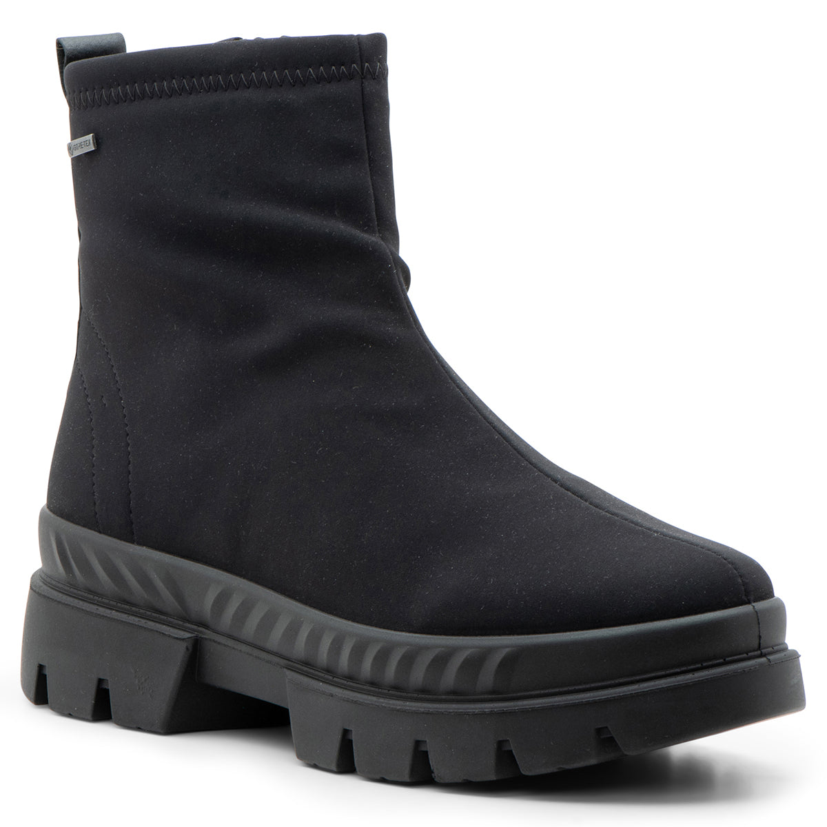 Women’s ankle‑height black leather and textile boot with rounded toe, side zipper, and subtle stitching. Features a waterproof Gore‑Tex membrane, cushioned removable insole with arch support, and flexible slip‑resistant sole for comfortable, stylish wear in wet or cold weather. Style #14102-01