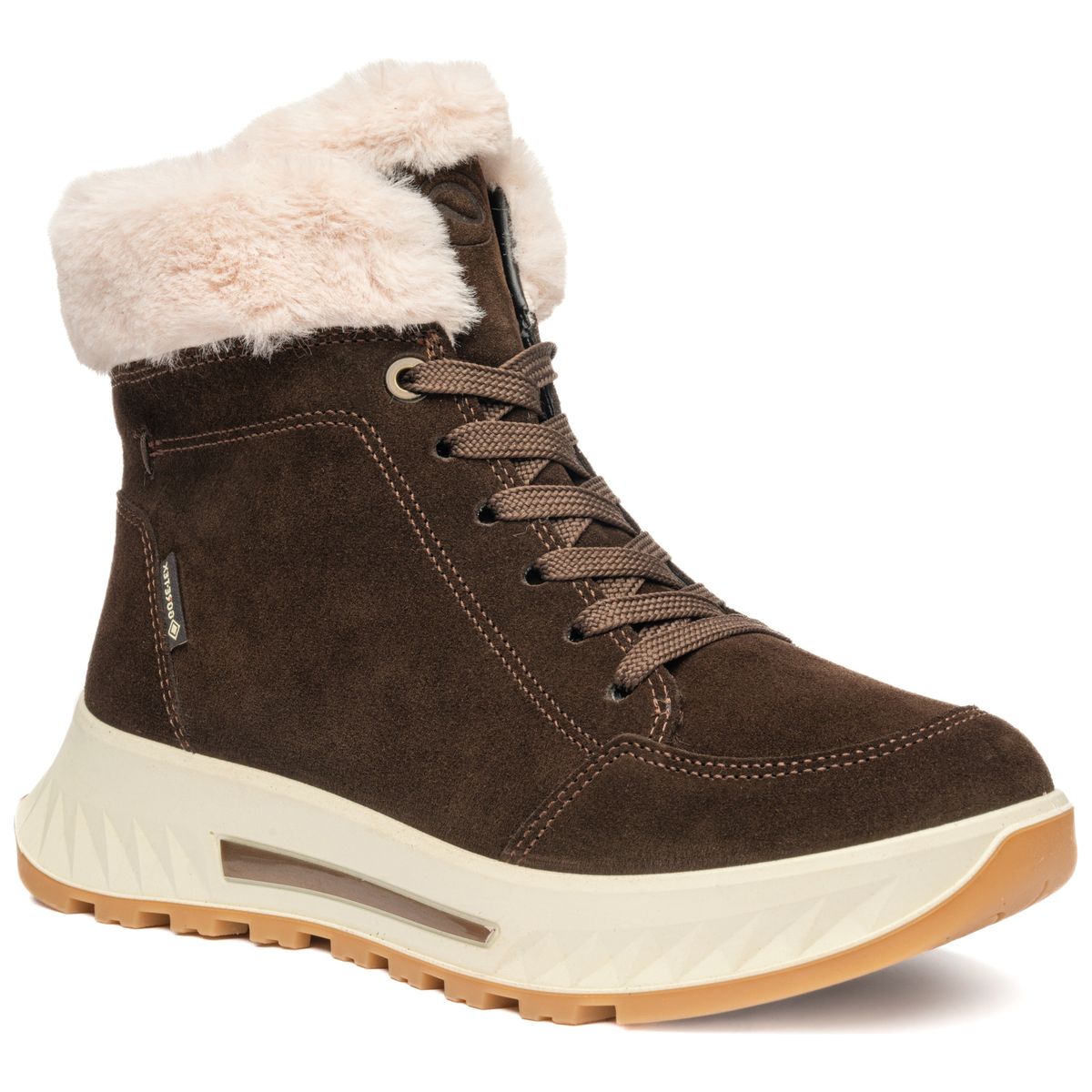 Ara dark brown suede waterproof winter boot with plush faux fur collar, lace-up front, and cream platform sole. Style #26417-09