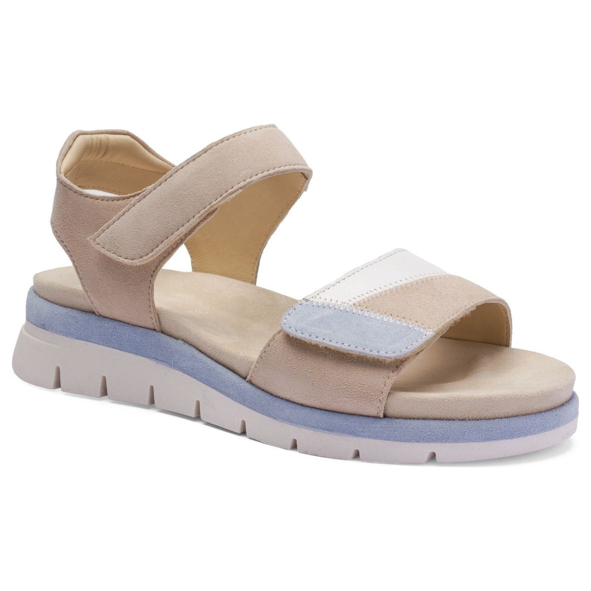 Ara beige suede sandal with blue and white multi-color front strap, hook-and-loop closures, and flexible platform sole. Style #26504-02