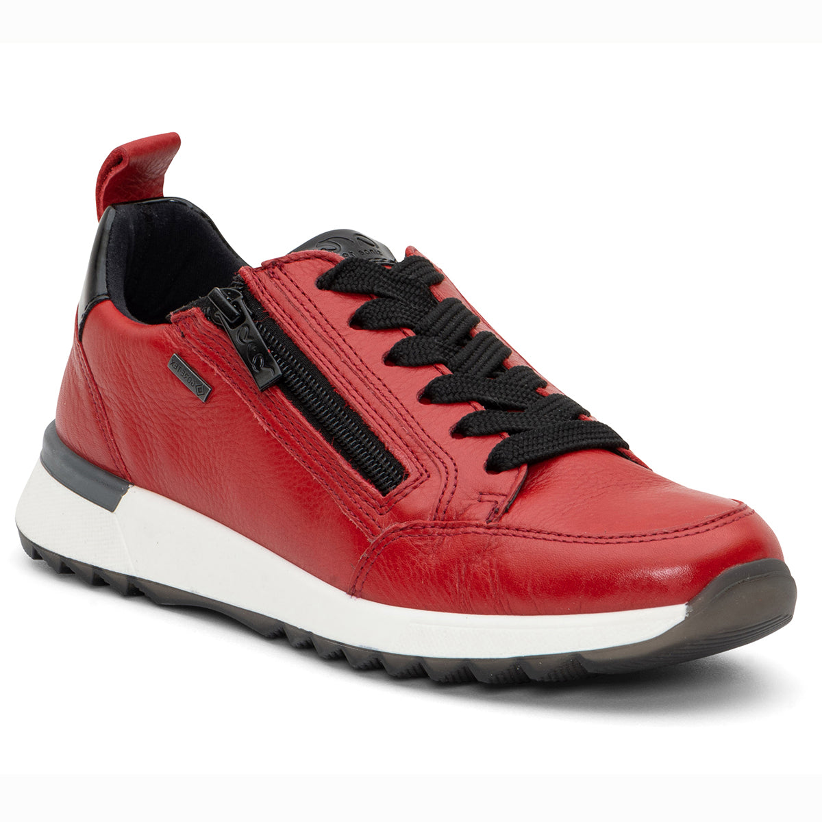 Women’s low‑top sneaker in vibrant red hydro‑leather with rounded toe, lace‑up front, and functional side zipper. Features a waterproof GORE‑TEX® membrane, removable cushioned insole with hidden foam insert, and flexible shock‑absorbing sole for stylish, comfortable all‑weather wear.
Style #33921-04