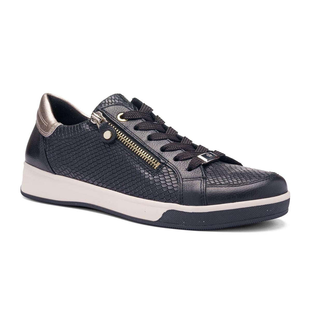 Women’s black textured leather sneaker with a side zipper, silver heel accent, and a white sole. Style #34432-70