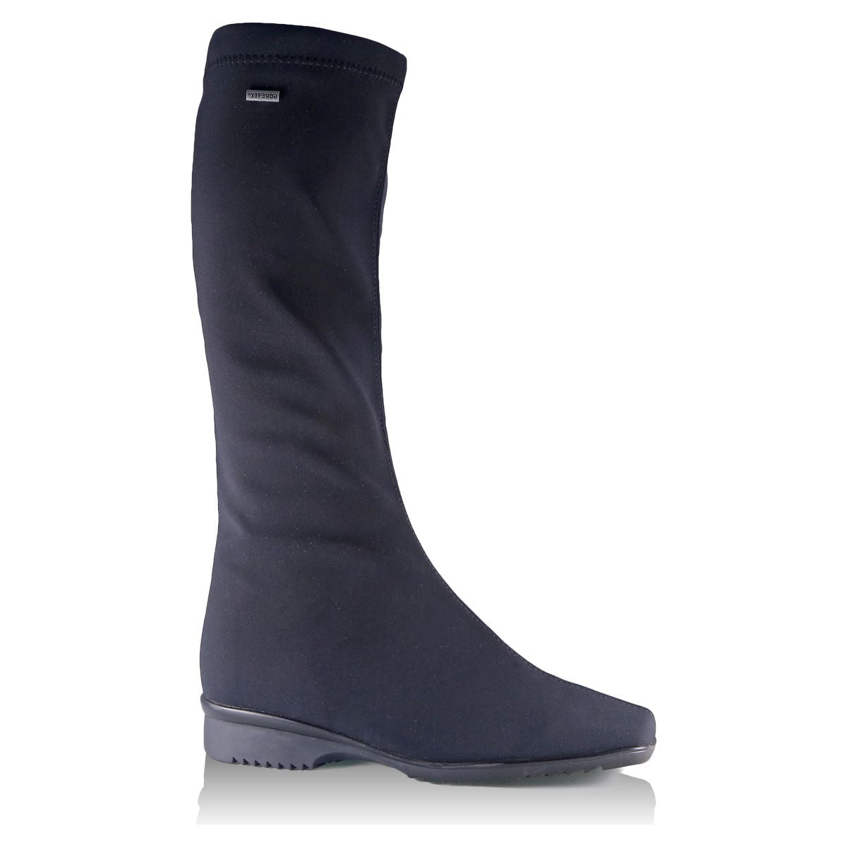 Black knee-high stretch textile boot with side zipper, subtle wedge heel, and GORE-TEX waterproof membrane, featuring cushioned footbed and insulated lining for warm, dry comfort. Style #40939-81