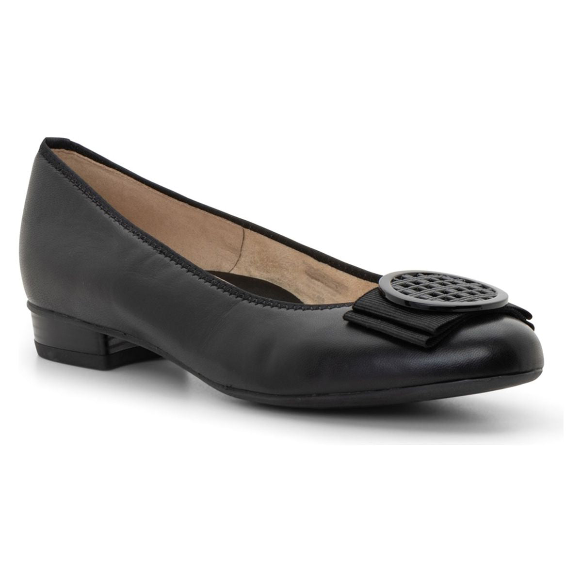 Ara black leather ballet flat shoe featuring a front bow with a round patterned emblem and low block heel. Style #43720-71