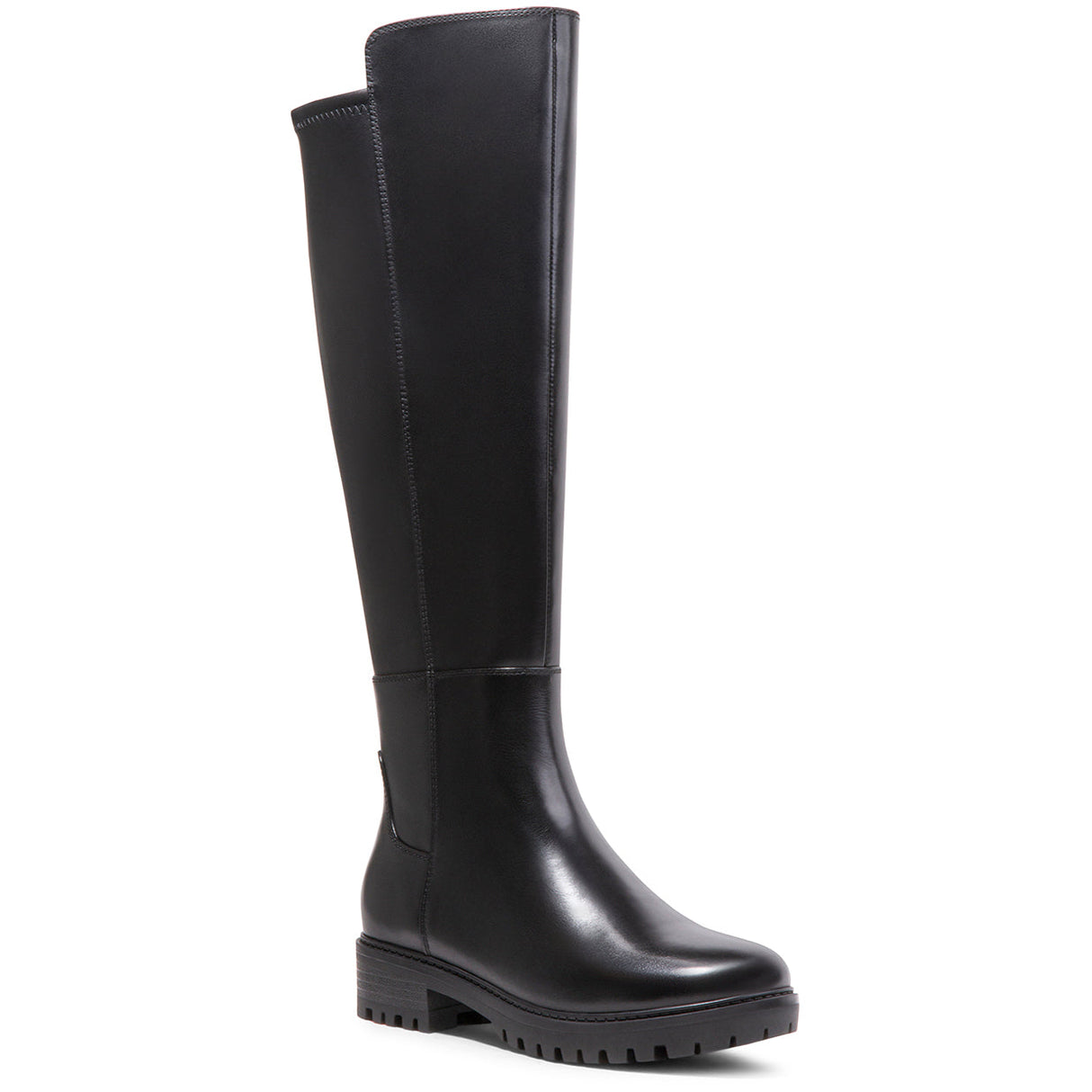 A black tall boot with a 1.5-inch heel, back zipper, and synthetic stretch back panels. Womens Waterproof boot by Blondo - Samira.