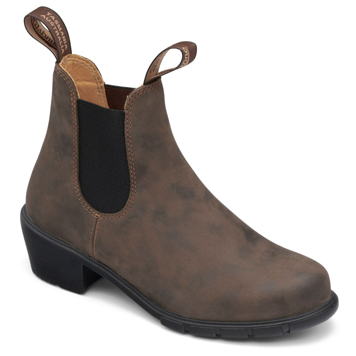Women's heel boot in rustic brown with a durable 2-inch heel and black detailing, leather lined, with a polyurethane sole. Blundstone style 1677.