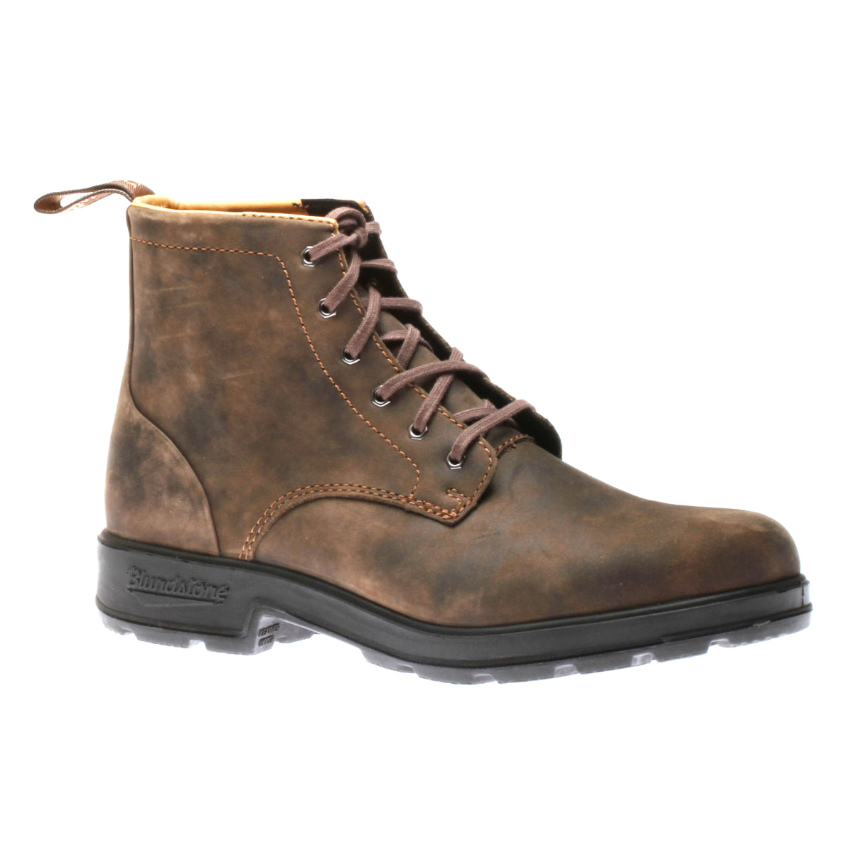 Blundstone 1937 Original Unisex Lace-Up Boot in Rustic Brown with premium leather upper, lace-up closure, PU midsole, TPU outsole, XRD™ heel cushioning, removable EVA footbed, and leather-lined interior. Style #1937