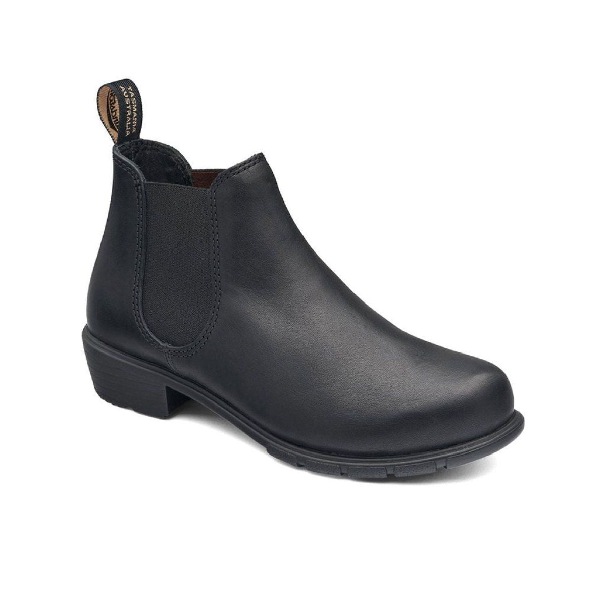 Blundstone 2068 Women’s Low Heel Boot in Black featuring smooth water-resistant leather, elastic side panels, a low 1¼-inch block heel, and removable cushioned footbeds with an extra set included. Style #2068