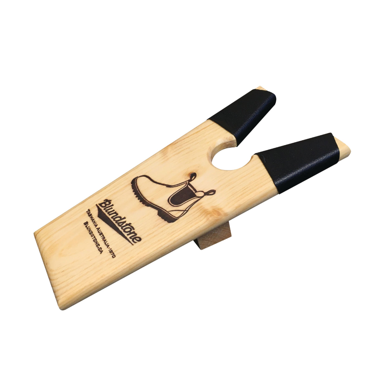 Blundstone Boot Jack made of wood with U-shaped mouth for gripping boot heels and flat base for foot placement, designed for effortless boot removal. Style #BOOTJACK