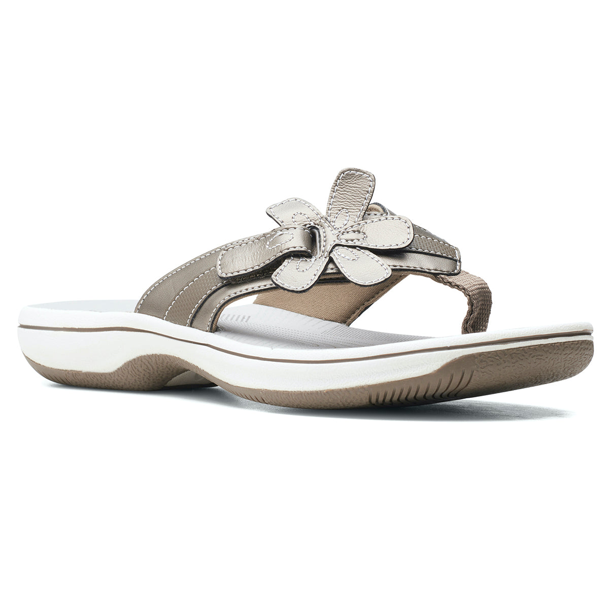 Clarks Brinkley Flora women’s thong sandal in pewter with metallic floral strap detail. Style #26159855