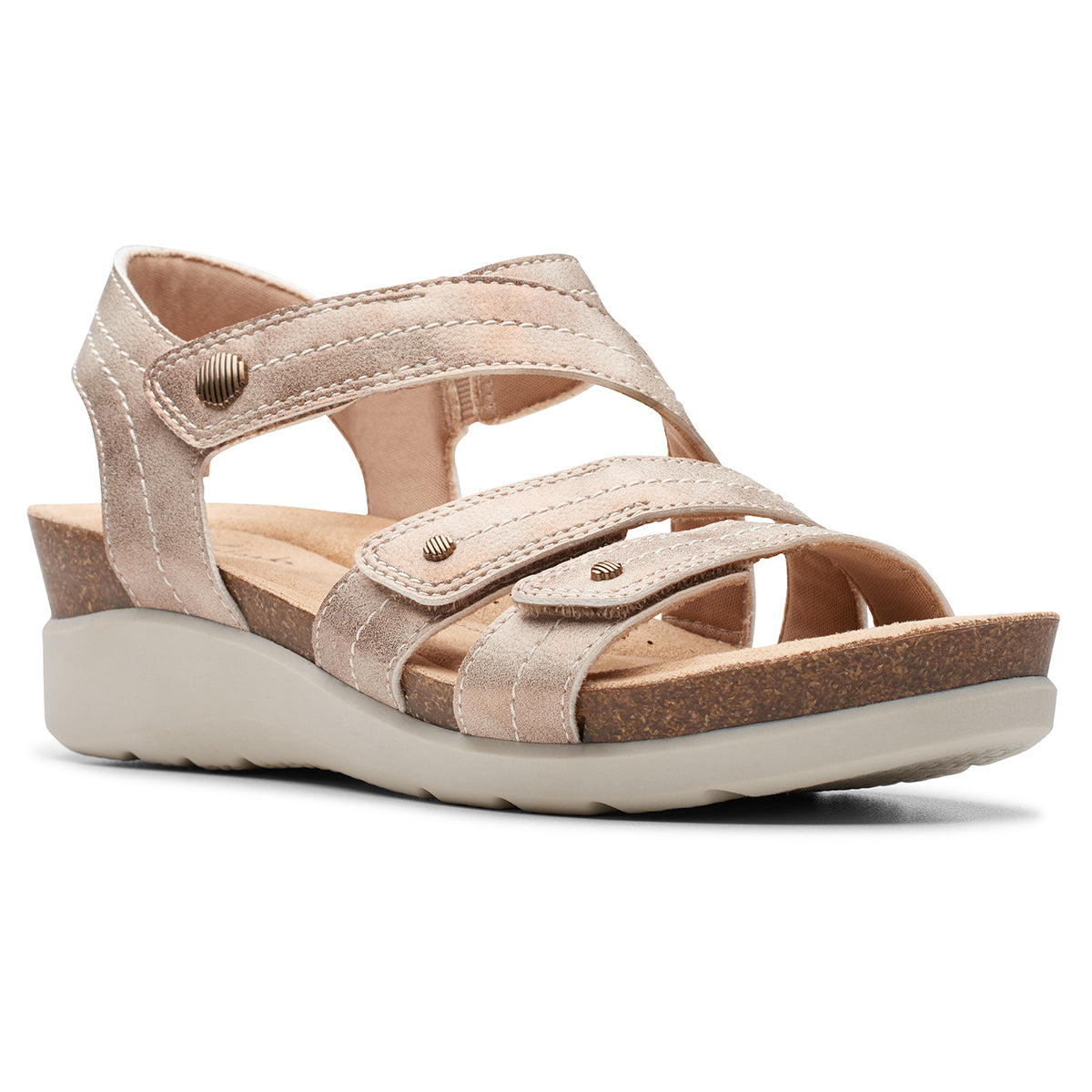 Clarks Calenne Clara wedge leather sandal in bronze metallic with fully adjustable closures– side view. Style #26177034.