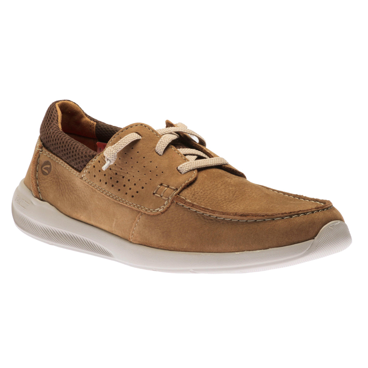 Brown suede shoe with white sole on a white background. Clarks Gorwin Moc in Sand Nubuck.