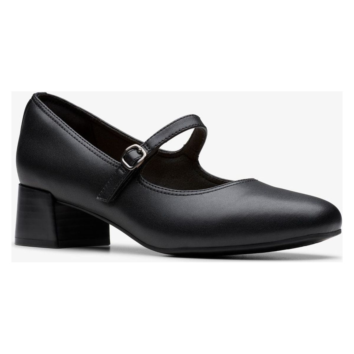 Black leather Mary Jane dress shoe featuring an adjustable buckle strap and a sturdy mid block heel. Style #26184376