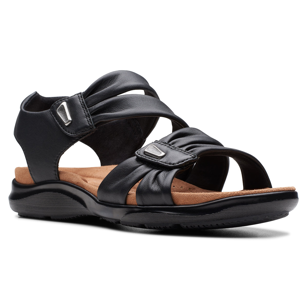 Clarks Kitly Ave Flat Women's Sandals in Black, comfortable black strappy sandal. Style #26177303