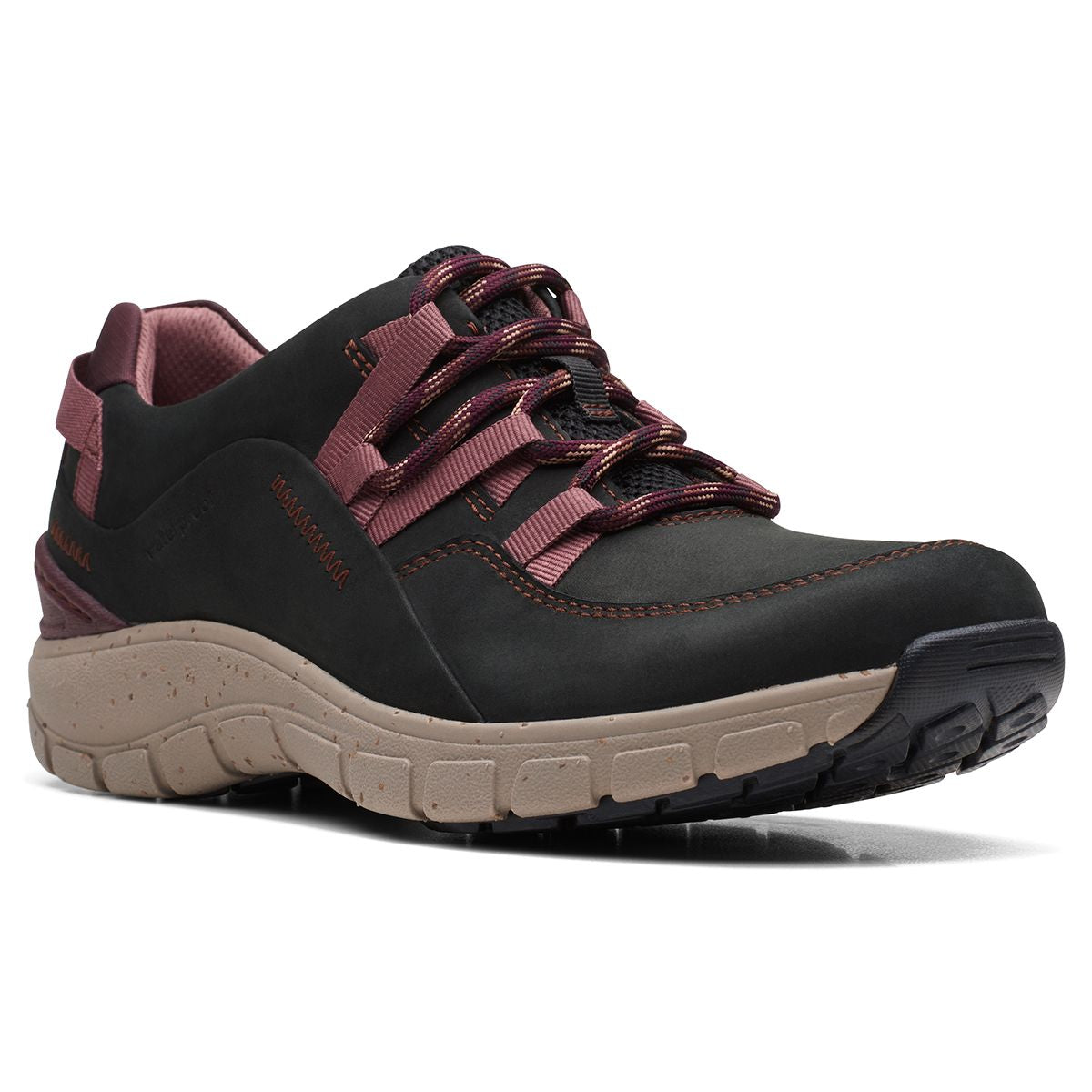 Women’s black nubuck sneaker with dark red textile accents, striped laces, and a speckled beige rocker sole. Style #26168583.
