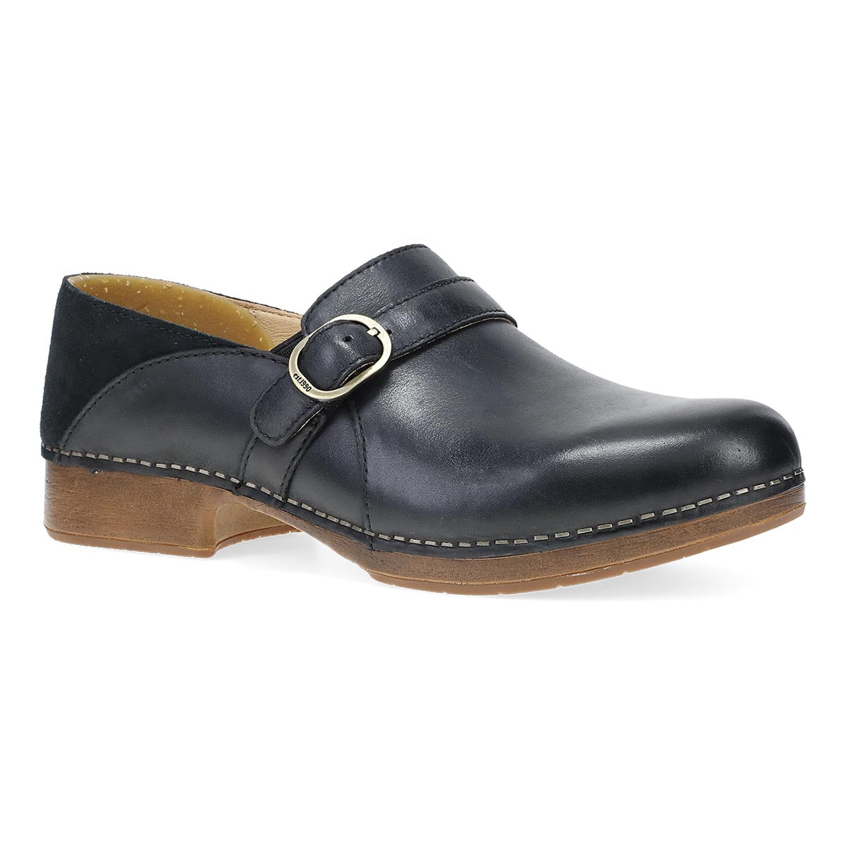 Black leather Dansko clog with a buckle accent and wood-like sole, 1070023060