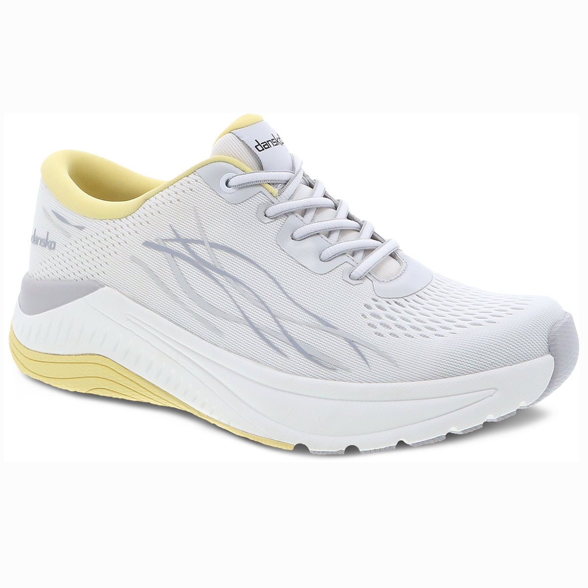 Dansko Pace Women's Mesh Sneaker in White/Yellow, designed for comfort, movement, and sustainability. Style #4205011717