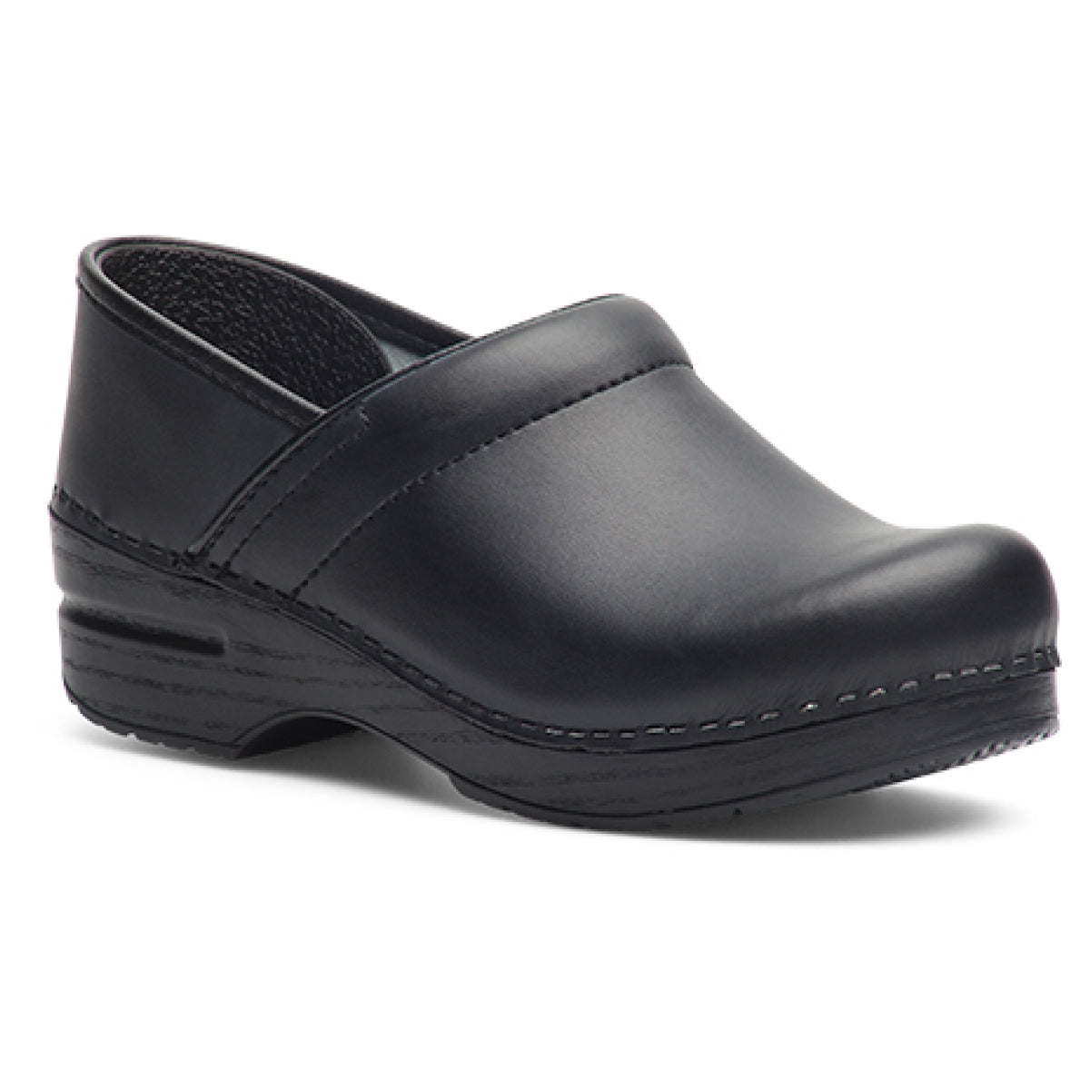 Dansko Professional 99020202 black leather wide clog with a padded collar and supportive rocker sole.