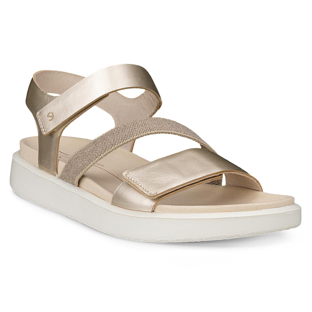 A pair of ECCO Flowt flat sandals in beige color, featuring an adjustable toe strap and an ankle strap with a buckle closure.