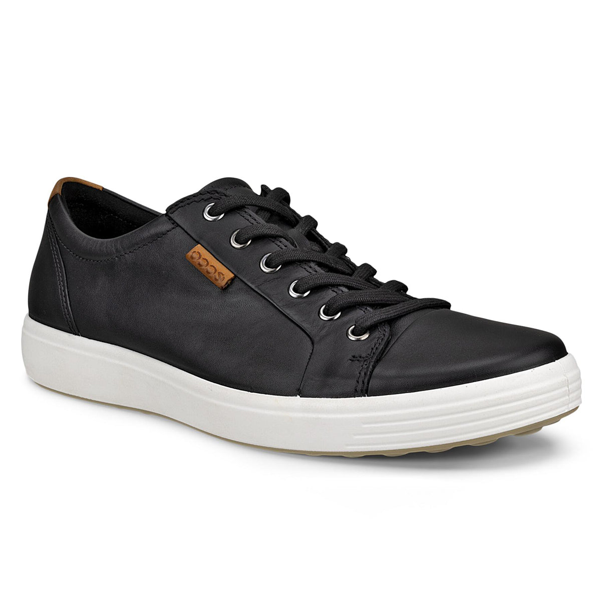 ECCO Soft 7 men’s sneaker in black leather with low-top silhouette, tonal laces, and a textured black outsole for a clean, modern look.
Style #43000401