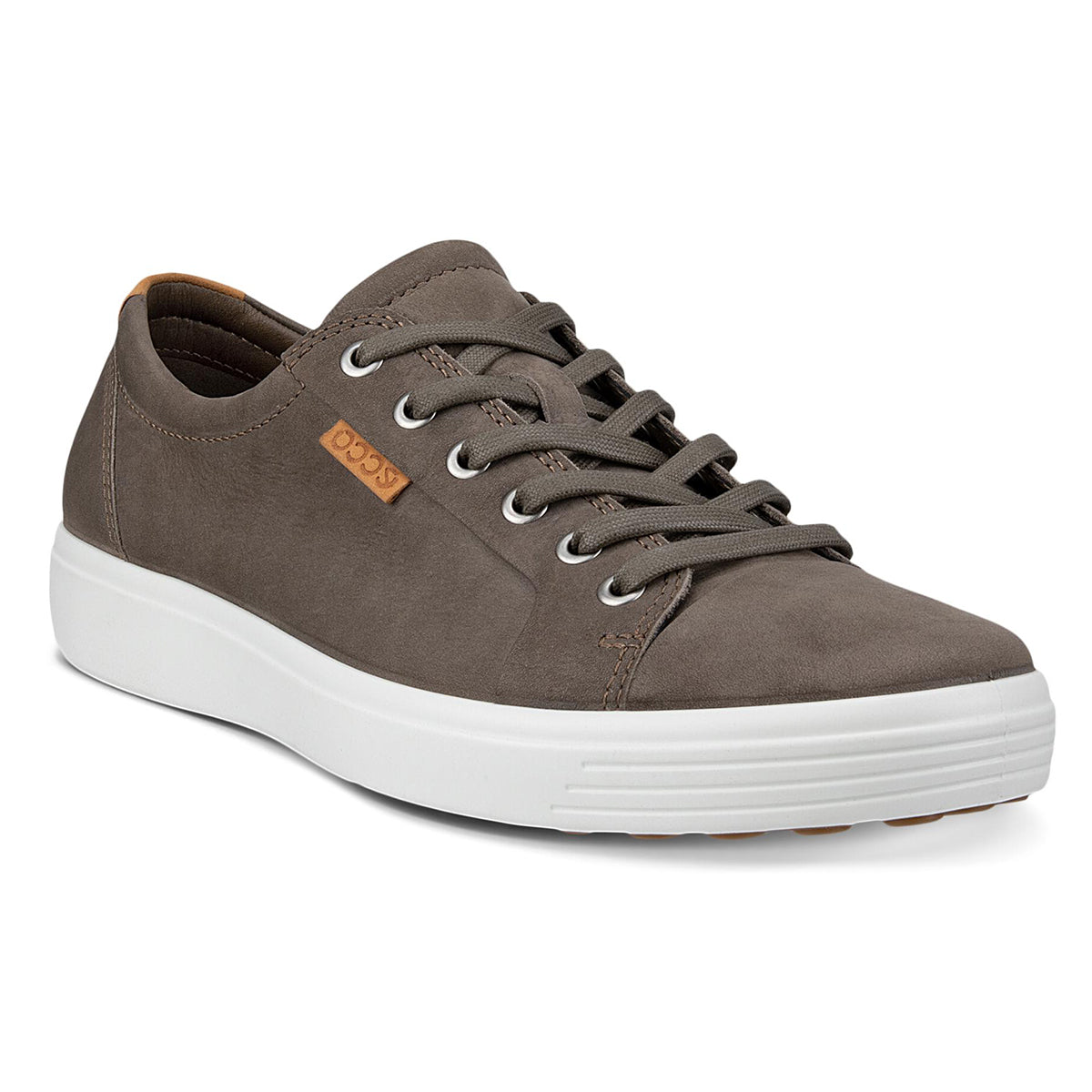 ECCO Soft 7 men’s sneaker in dark clay brown leather with tonal laces, low-profile silhouette, and a textured dark outsole for a refined casual look.
Style #43000402