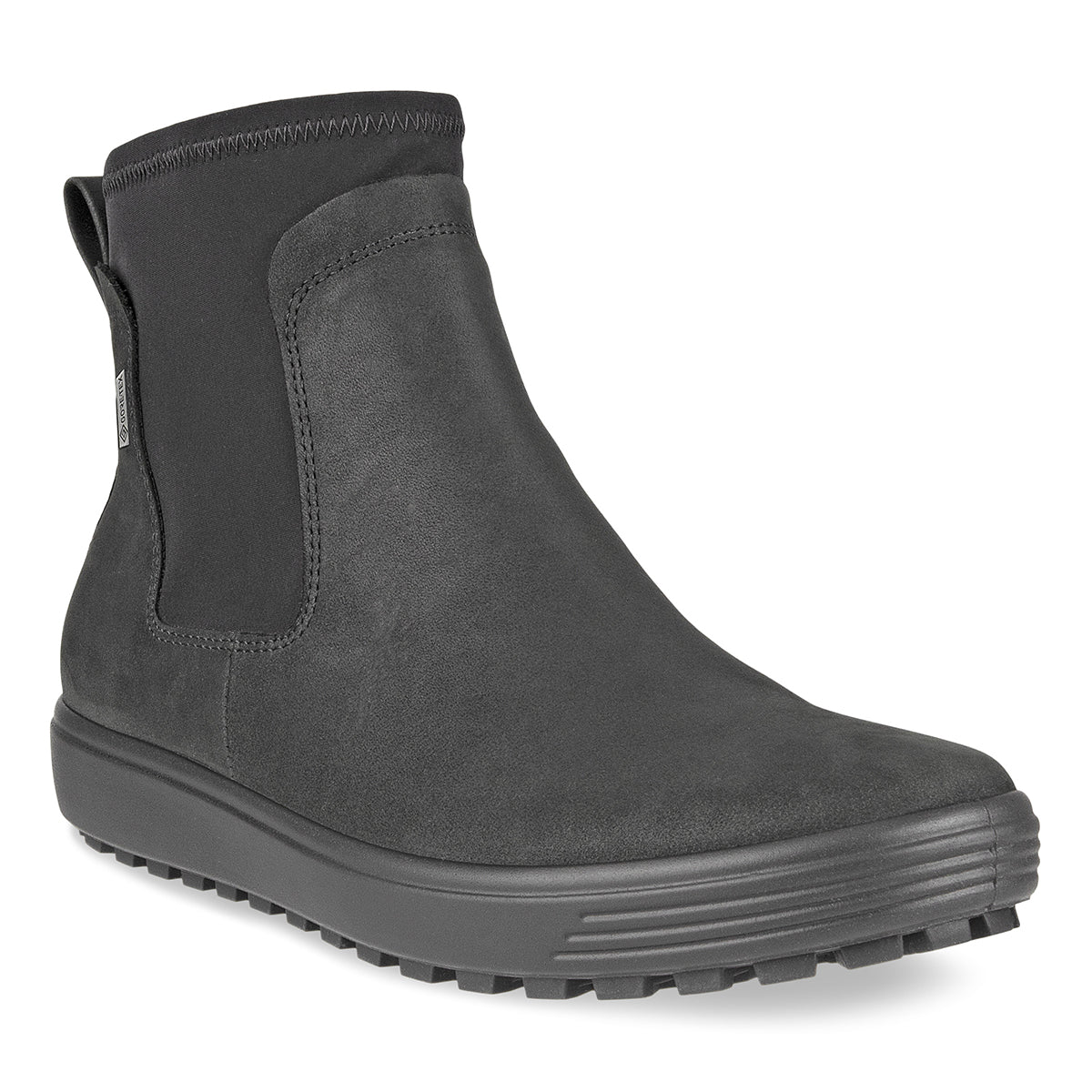 ECCO Soft 7 Tred women’s black oiled nubuck Chelsea boot with side goring, inside zipper, waterproof Gore-Tex lining, and lugged outsole for rugged, stylish comfort.
Style #45046301