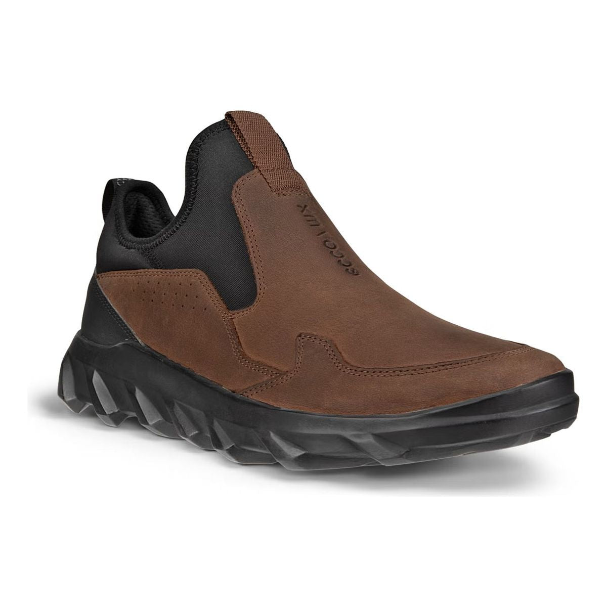Men’s brown nubuck leather slip-on sneaker with a black stretch collar, rugged treaded outsole, and reflective heel tab, blending city style and trail-ready grip. Stye #82029422