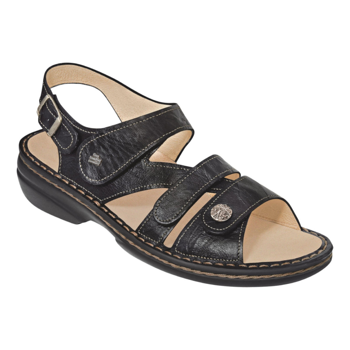 Finn Gomera Fully Adjustable Sandal in Black Leather with Removable Footbed for custom orthotics. Great for Medium to Wide feet. Style #2562345099