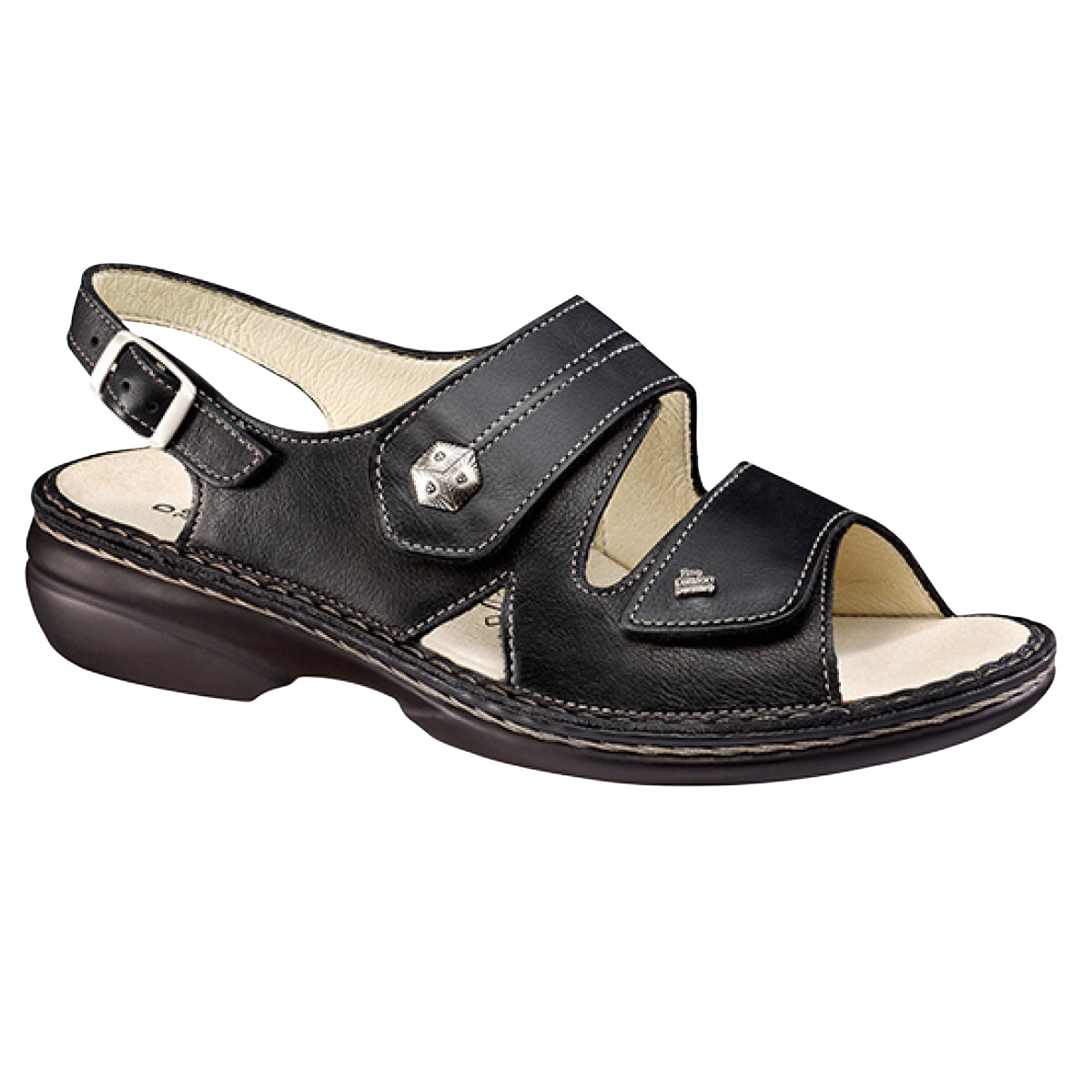 Black nubuck leather sandal with two Velcro straps and a buckle backstrap, featuring a removable cork footbed and cushioned polyurethane sole for orthopedic comfort. Style #2560014099