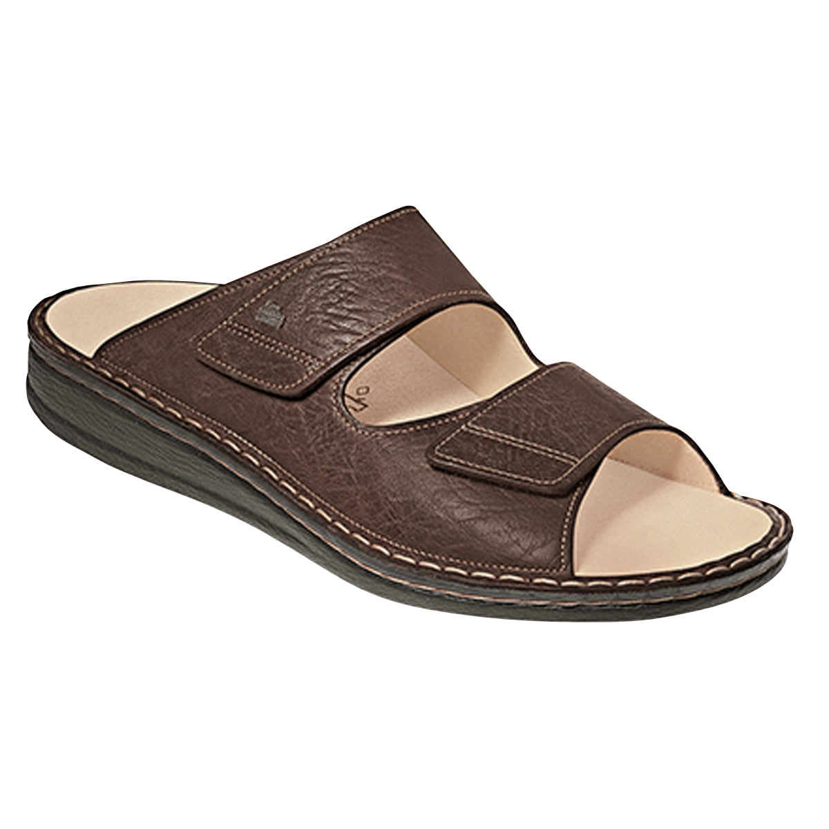 Brown leather slip-on sandal with two adjustable straps, removable anatomically shaped cork footbed, and cushioned polyurethane sole for sporty orthopedic support. Style #1505368024