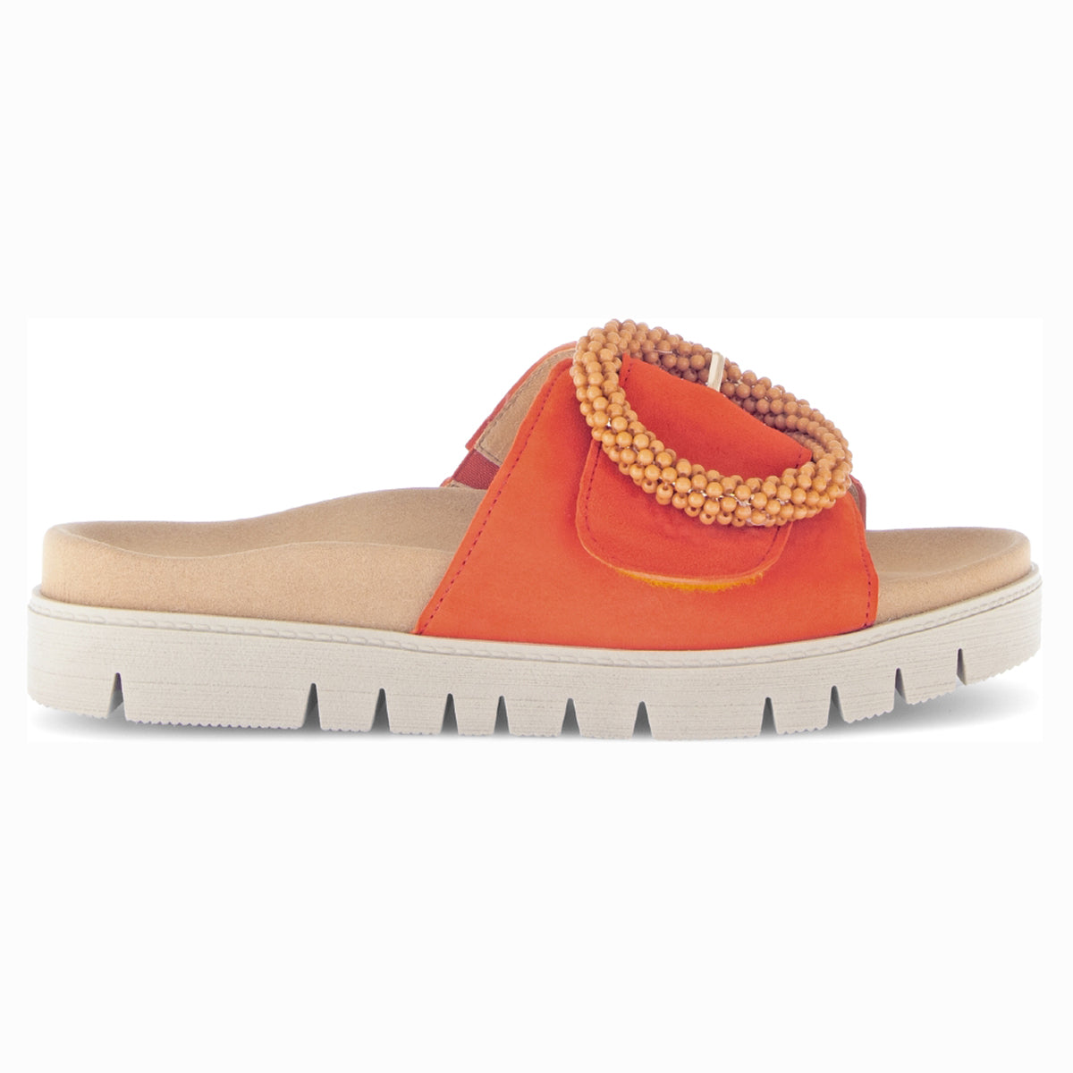 Gabor 745.15 Fashion Slide in Pumpkin with big beaded adjustable buckle.