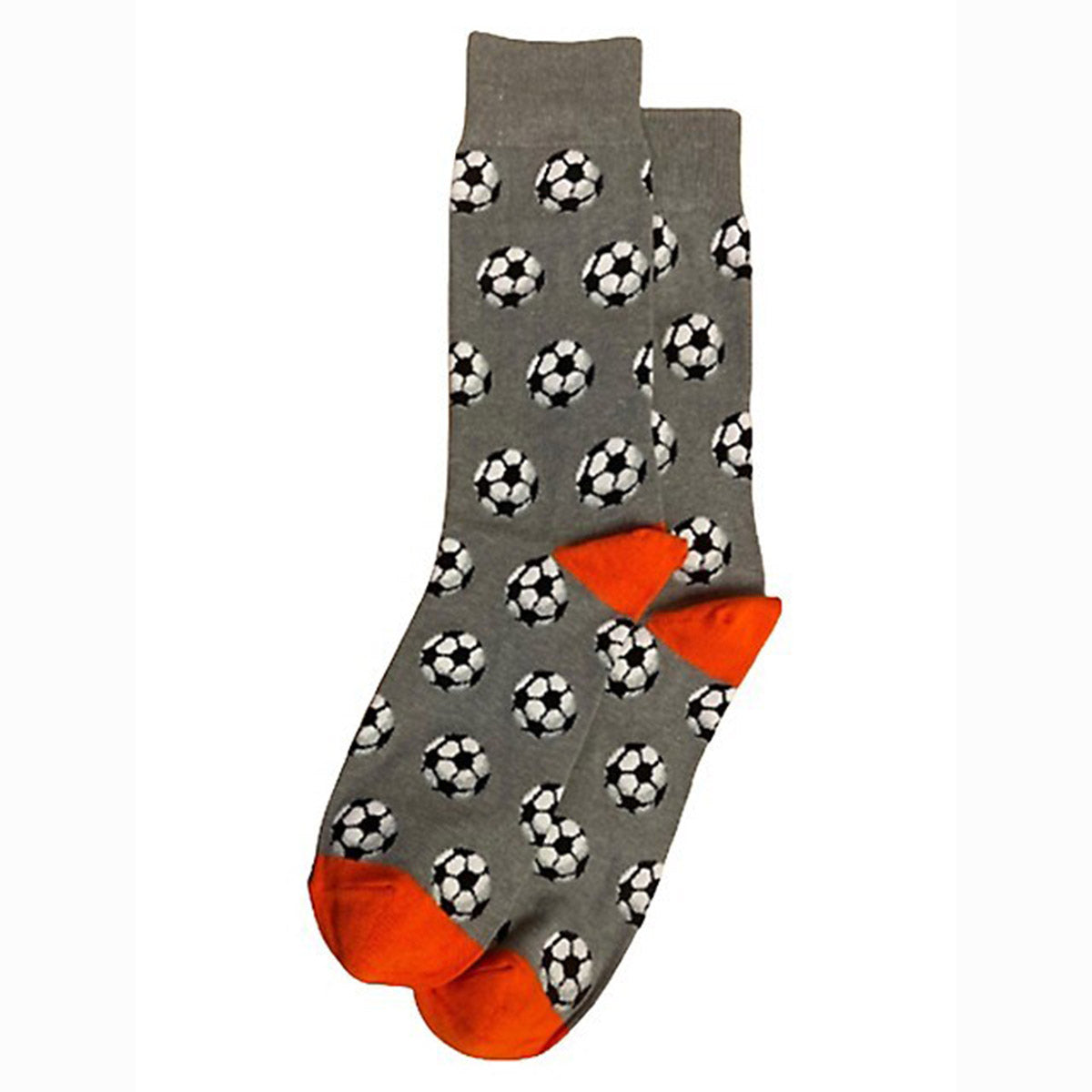 Pair of men’s crew socks with black and white soccer ball pattern made from cotton blend fabric. Style #ZHM11023