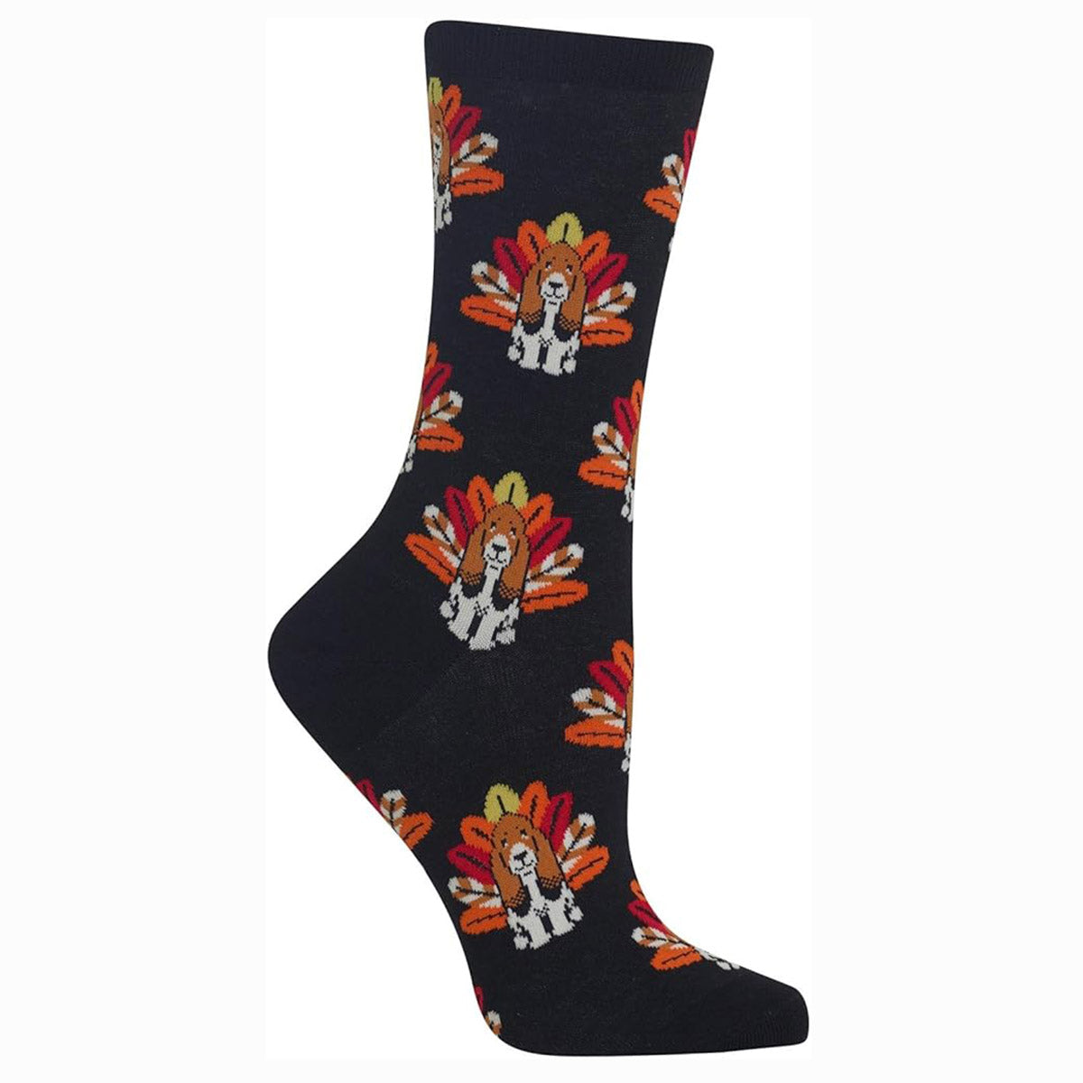 Women’s crew socks featuring a colorful turkey and dog pattern, designed to fit US shoe sizes 4–10.5 made from soft cotton blend with stretch. Style #HO002518