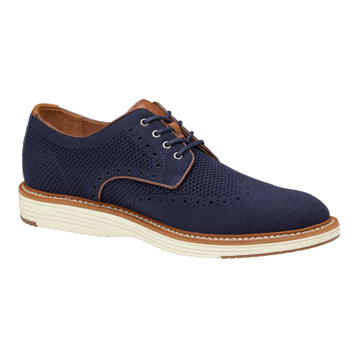 Johnston & Murphy Upton Knit Men's Dress Casual Shoe in Navy - Johnston & Murphy Upton Knit Navy, men's knit wingtip shoes Canada, lightweight TRUFOAM shoes, dress casual navy shoes, blue shoes, comfortable, work shoes, mesh fabric, all-day wear. Style 20-5369