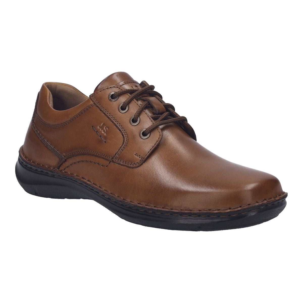 Men's cognac brown leather lace-up shoe featuring hand-stitched detailing and a durable dark outsole. Style #44906-370