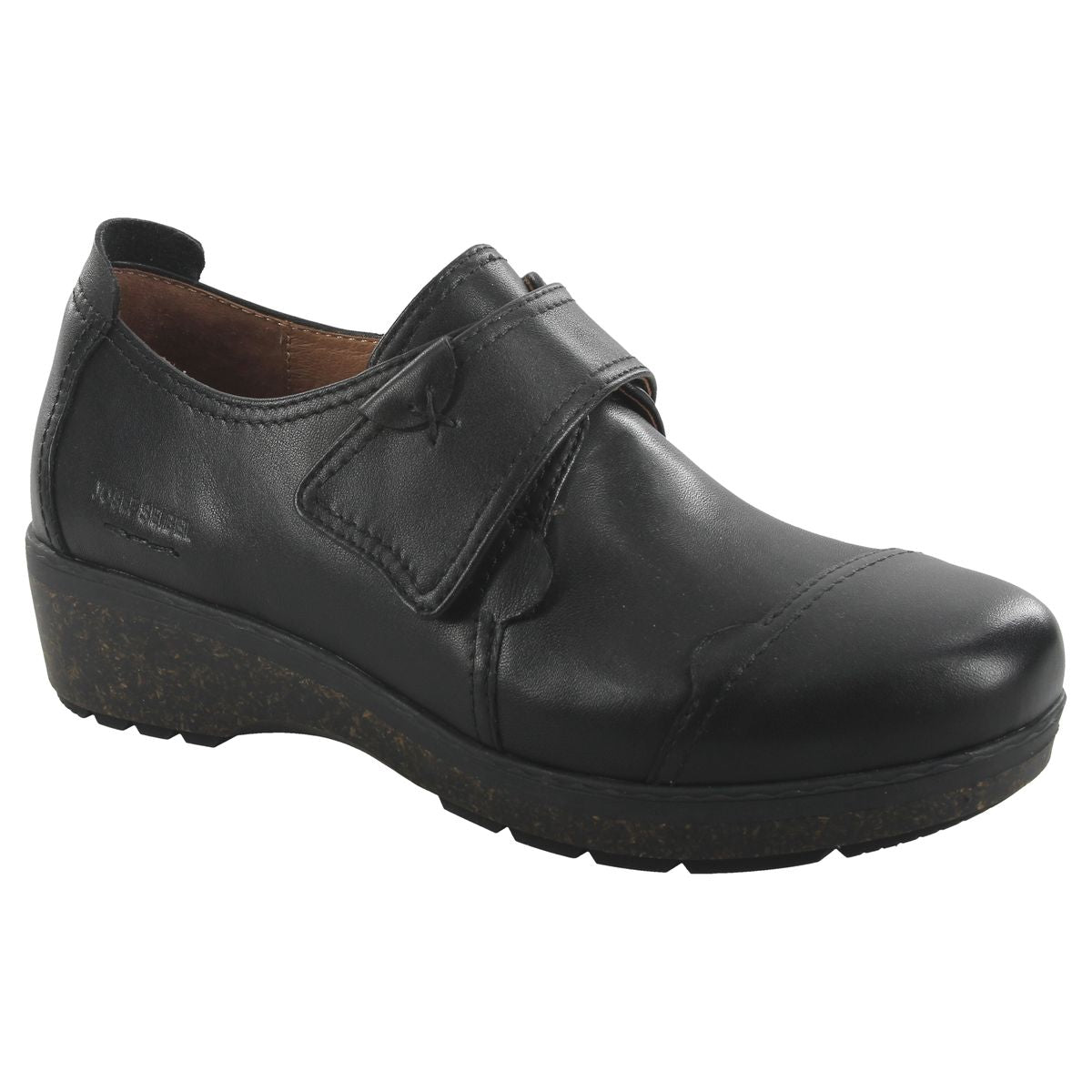 Women’s black leather wedge sandal with two adjustable Velcro straps, cushioned footbed, and soft leather lining. Sleek summer shoe with stable, low wedge heel. Style #61608_33100