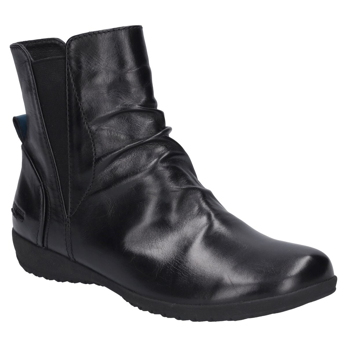 Black leather ankle boot with inside zipper, elastic gusset on the outer side, rounded toe, and low-profile rubber outsole. Designed for breathable, flexible everyday wear. Style #79766-100