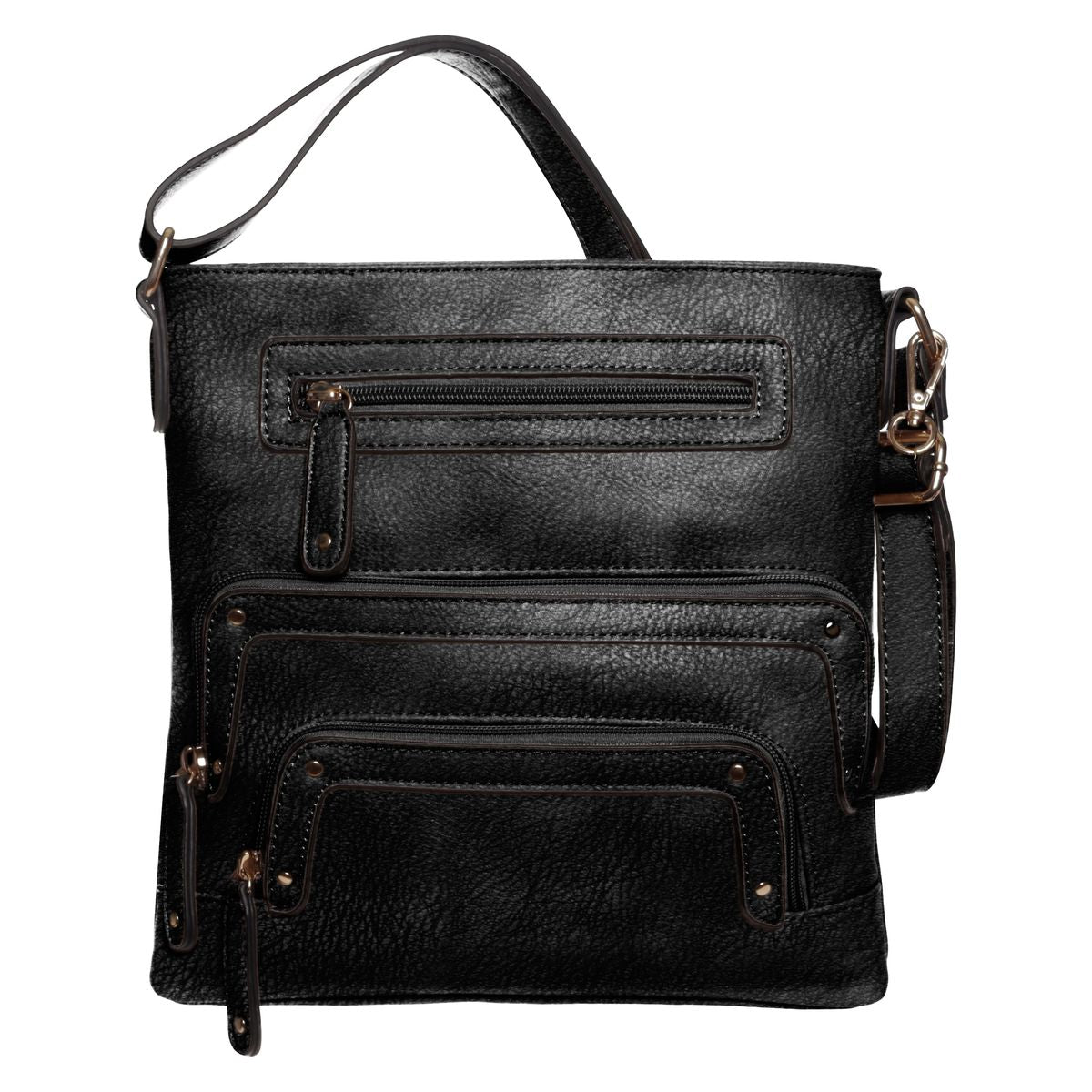 La Diva black textured leather crossbody handbag featuring multiple zippered front compartments and shoulder strap. Style #43916STL