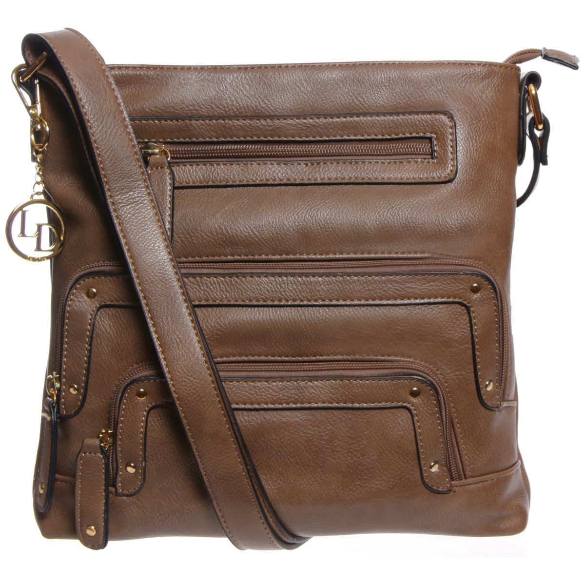 La Diva taupe textured leather crossbody handbag featuring multiple zippered front compartments and shoulder strap. Style #43916STL