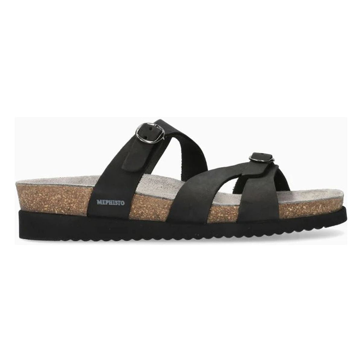 Mephisto Hannel Women's Sandals in Black Nubuck - Style 6000 - Comfortable, All-day wear, soft footbed, leather, classic look, walking shoe, easy on and off, sandal, clog, heel, Mephisto Hannel sandals, women’s black nubuck slides, cork latex footbed sandals, adjustable summer sandals, Mephisto style 6000.