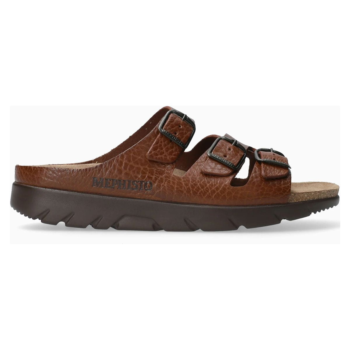 Brown leather 3-strap slide sandal with adjustable buckles and a dark sole. Style #ZACH-4442.