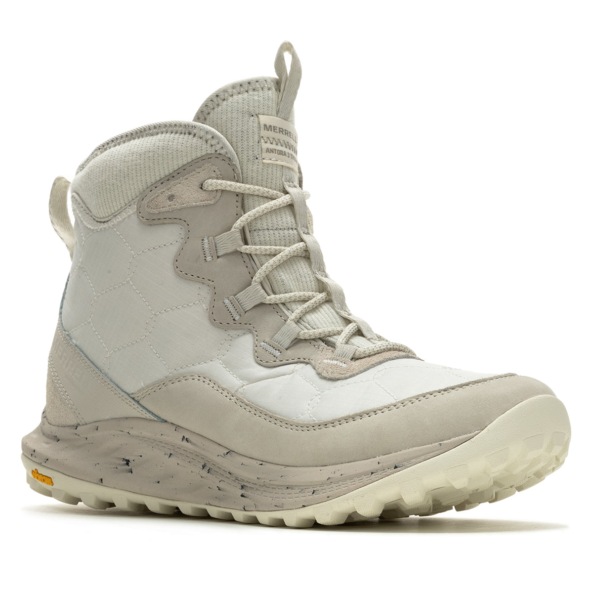 Off white high-top sneaker with white sole on a white background. Merrell Womens Antora 3 Thermo Mid Zip Waterproof in Chalk