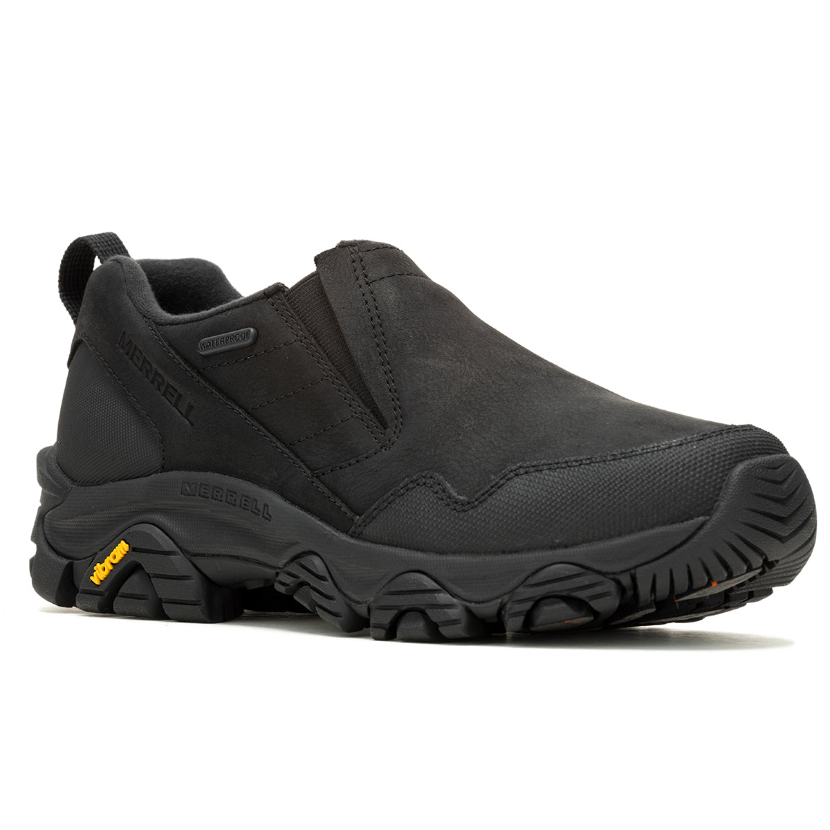 A women's black waterproof mocassin shoe with a non-slip sole, designed for cold weather conditions. Merrell Coldpack 3 Waterproof shoe.