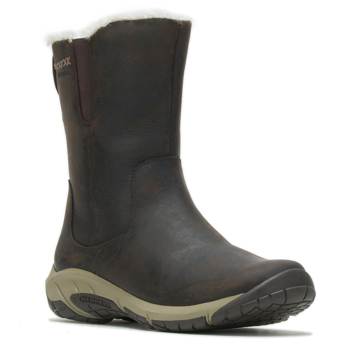 A brown waterproof boot with a white lining visible at the top, designed for women. Merrell Encore 4 Tall Boot