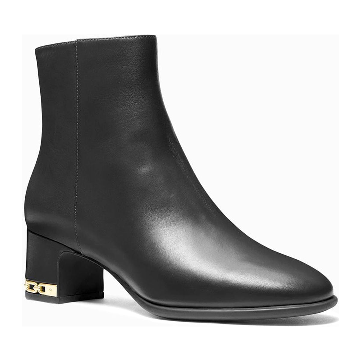A black leather mid-heel bootie with a side zipper and gold chain detail on the heel. Michael Kors June Mid dress bootie.