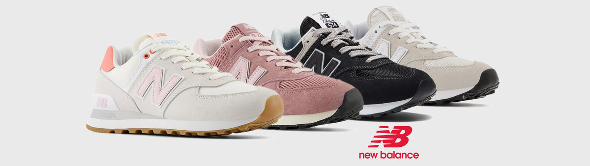 Four New Balance sneakers lined up diagonally on a light gray background, showing different colorways: white with coral accents, dusty pink, black, and off-white. The New Balance logo is displayed in the bottom right corner.