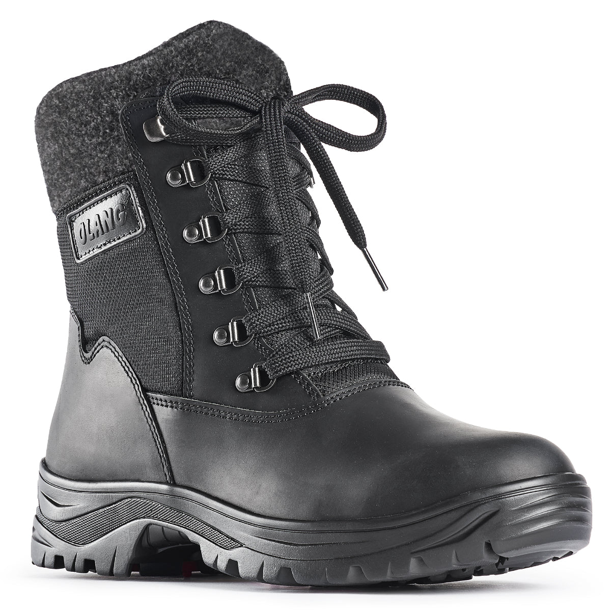 Black winter boot with leather and polyester upper, wool collar, and OC cleated sole—Olang Kursk OC Zip Black.