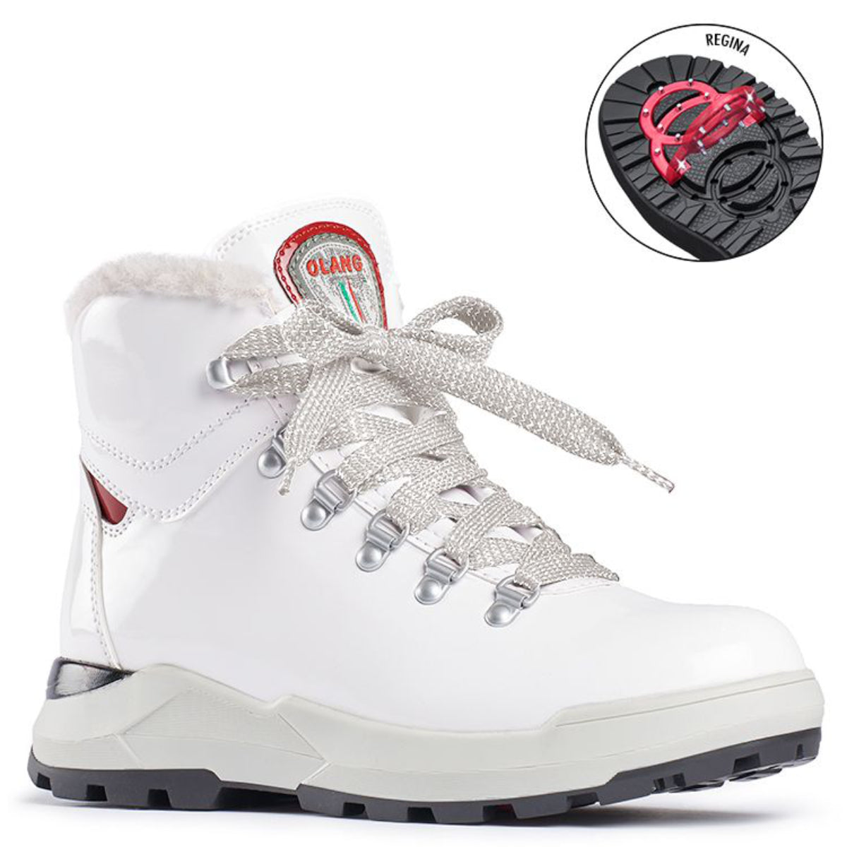 A white waterproof warm winter boot with a lace closure and a thick sole designed for outdoor use. The boot has a patent leather look and is pictured with a detail showing the temperature range it provides comfort in. Has folding clips to help prevent slipping.