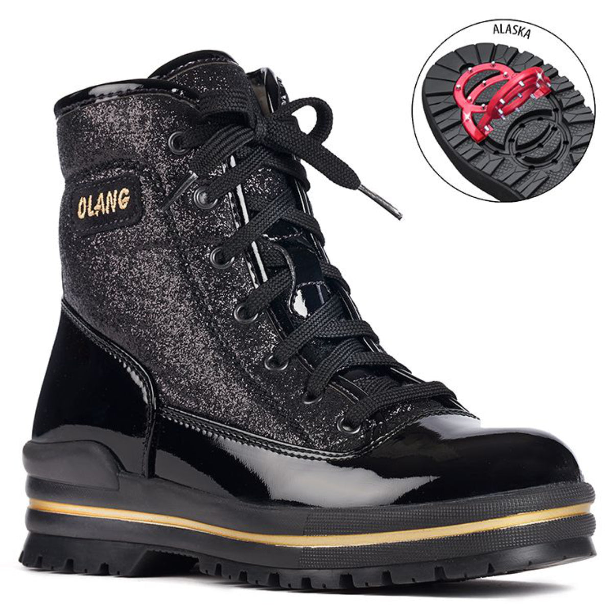 Side view of Olang Pop Lace Black winter boots featuring patent leather and glitter textile upper, wool lining, zipper and lace closure, and cleated ALASKA outsole for traction.