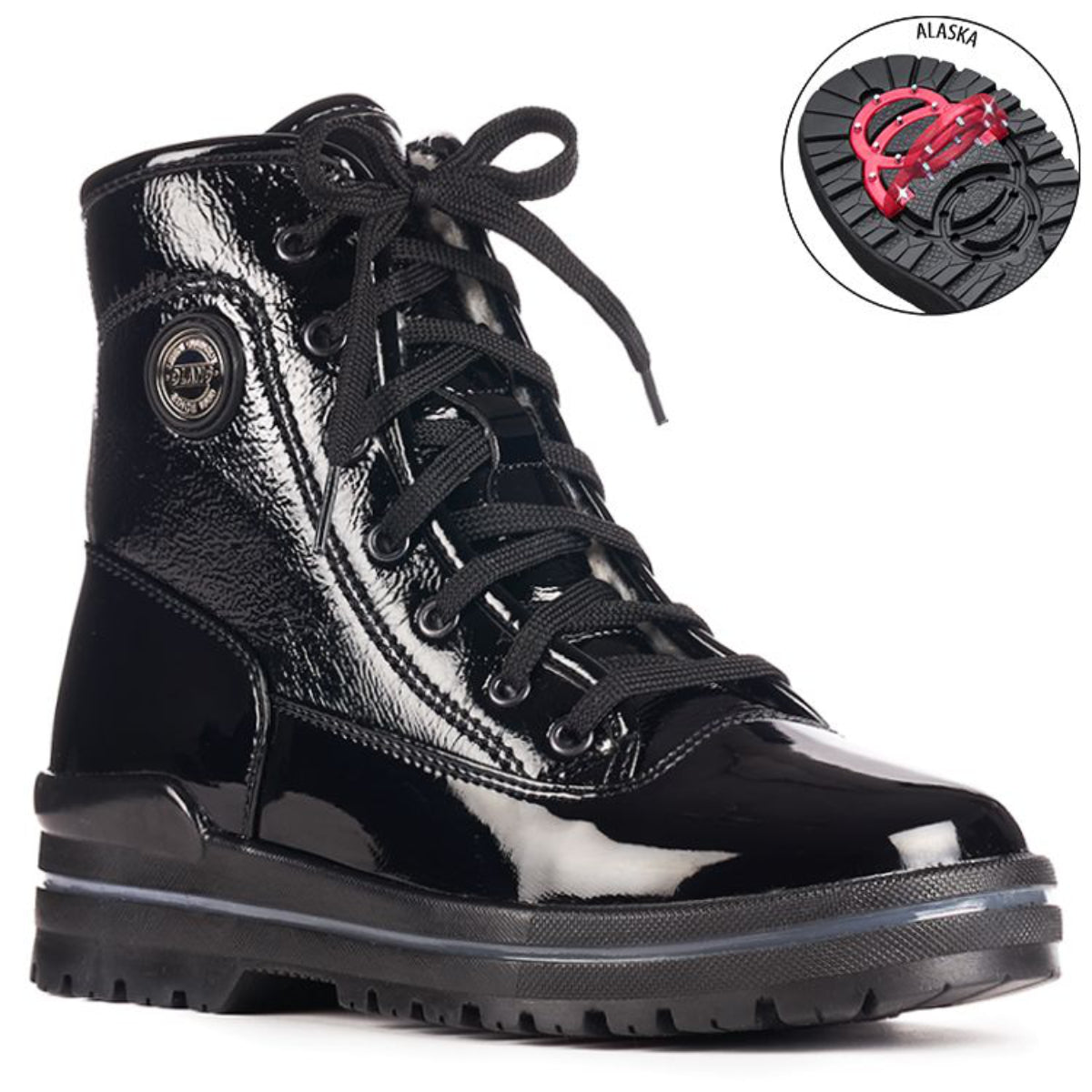 Olang Sound OC Lace Black winter boots with patent leather upper, lace closure, wool lining, and ALASKA outsole with OC System® grips for traction on ice.